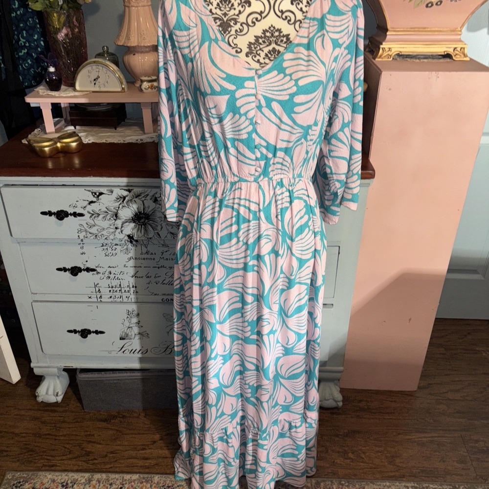 Mary Square Butterfly Sleeve Maxi Dress In Lilac And Teal Sz Medium. Boho.